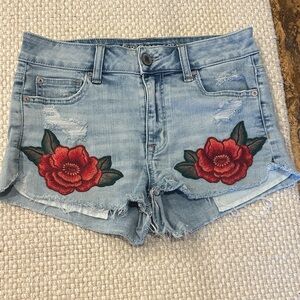 American Eagle Light Blue Jean Shorts with Red Floral Embroidery